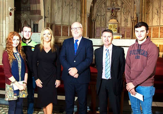 Hannah McErlane, Ruairi Wilson, Louise O'Prey (President of NASUWT), Peter Finn (Principal of St Mary's), Gerry Hawkins (branch manager of First Trust Bank) and Ruairi Devlin. 