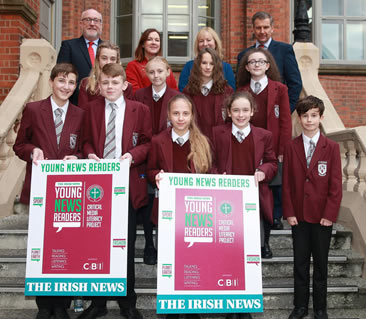 Delegates who attended the Critical Literacy Project (in front)  with St Mary's principal Peter Finn, Angela McGowan (CBI); Donna Hazzard, lecturer at St Mary's and Irish News Editor Noel Doran (behind)