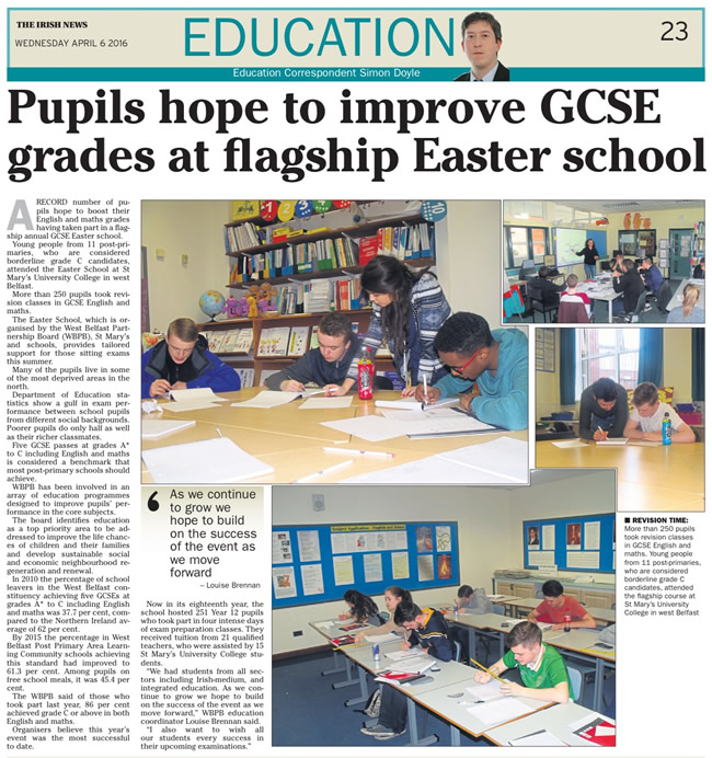 Irish News article on Easter School by Simon Doyle, Wednesday April 6