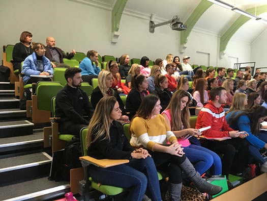 Irish Medium Students during the information session with Colm Duffin.