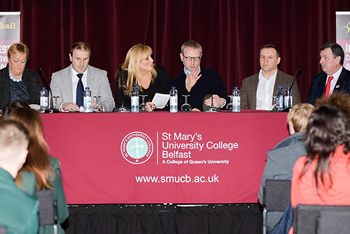 Panel 1 - Legacy and Reconciliation (L-R) Monica Mc Williams - former leader Women's Coalition, Winston Irvine - PUP Member, Allison Morris (Panel Chairperson) - Journalist and Irish news security correspondent, Alan Mc Bride - Centre manager with WAVE trauma centre, John Hagan, John Teggart - Spokesperson for the Ballymurphy Massacre campaign