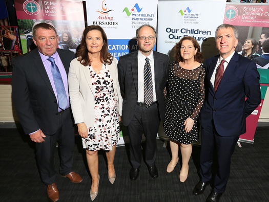 Dr Gabrielle NigUidhir, Senior Tutor for Development (second on the left), pictured with Gerry McConville, Chair of the West Belfast Partnership Board; Peter Weir MLA, Minister for Education; Geraldine McAteer, CEO West Belfast Partnership Board and Máirtín Ó Muilleoir MLA, Minister for Finance