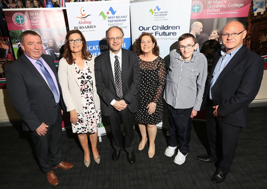 Dr Gabrielle NigUidhir, Senior Tutor for Development (second on the left), pictured with Gerry McConville, Chair of the West Belfast Partnership Board; Peter Weir MLA, Minister for Education; Geraldine McAteer, CEO West Belfast Partnership Board, David Fitsimmons (Ace Taxi Aisling Bursary) and Paul Maskey MP