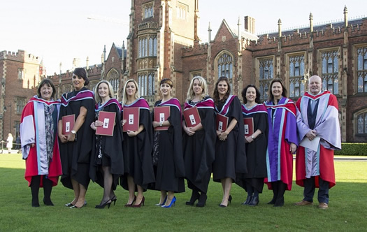 Pictured are Irish-medium teachers with St Marys University College staff from left to right:
Dr Eibhln Mhic Aoidh, Caoimhe N Mhirtn (Bunscoil Naomh Cholmcille), Caoimhe N Mhearthaile (Bunscoil Mhic Reachtain), Orlaith N Mhanachin (Bunscoil Mhic Reachtain), Caragh N Mhirtn (Gaelscoil an Lonnin), Fona N Sheoirse, (Gaelscoil na Mna), Claire Adams (Scoil an Droichid), Aileen Nic Imhair (Bunscoil Naomh Eoin Biste), 
Dr Gabrielle Nig Uidhir, Dr Sen Mac Corraidh.