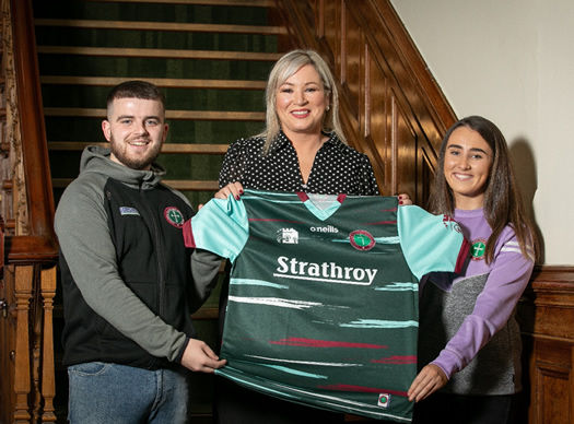 Pictured with Michelle O’Neill are Jervis McCall (Vice President of the Students’ Union) and Ellen Somerville (Community and Volunteering Officer, Students’ Union)