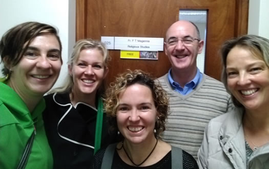 Rev Fr Feidhimidh Magennis with 4 returning Erasmus students who studied in St Mary's 20 years ago