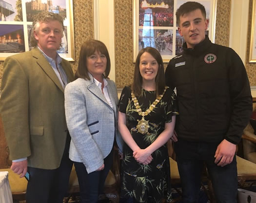 All-Ireland Boxing champion Frank Lowe from Coalisland pictured with his proud parents and Belfast Lord Mayor Rt Hon Nuala McAllister