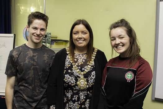 Councillor Deirdre Hargey, Lord Mayor with two of the fifteen St Mary's students who provided teaching assistance during the  Summer Transition School