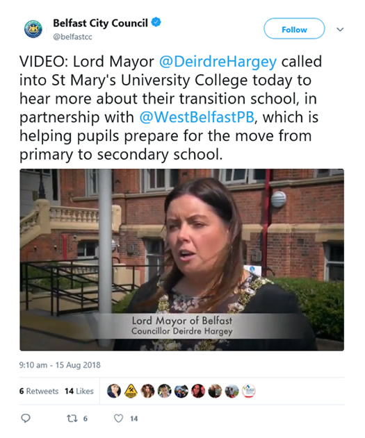 Belfast City Council tweets about the Lord Mayor's visit to the WBPB Summer Transition School