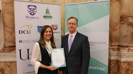 Breda O’Kane receives the Undergraduate Award for “Top Education Essay in Ireland”,  pictured here with Dr Matthew Martin, her research supervisor, at the reception in Dublin.