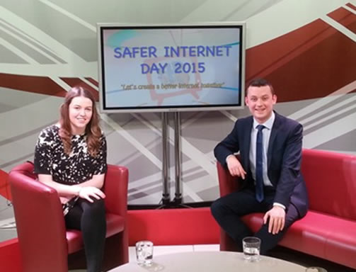 Two third-year St Mary's students, Emma Campbell and Noel Bradley-Johnston, took on the role of TV presenters in two live, streamed Internet broadcasts to 120 schools, helping to spread the message of staying safe online to over 3,000 pupils.